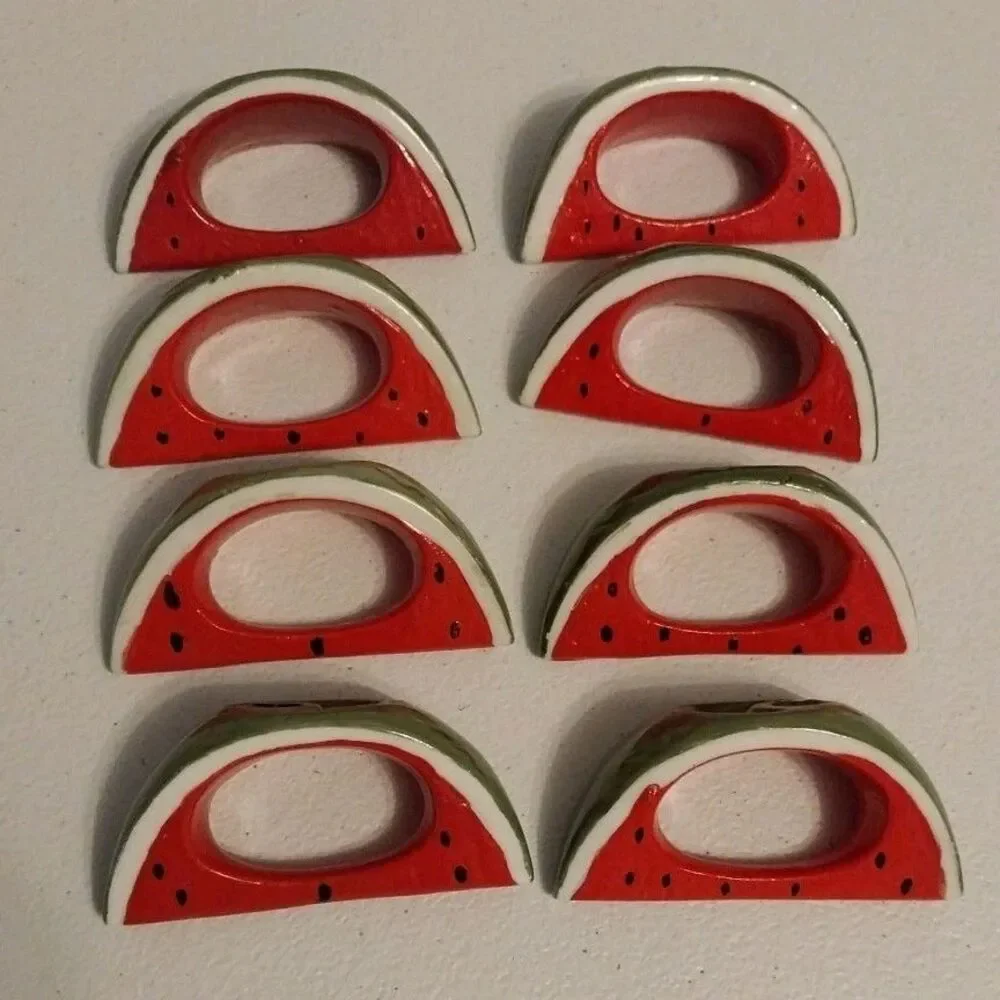 Vintage Ceramic Watermelon Napkin Rings Set of 8 Hand Painted Summer Picnic